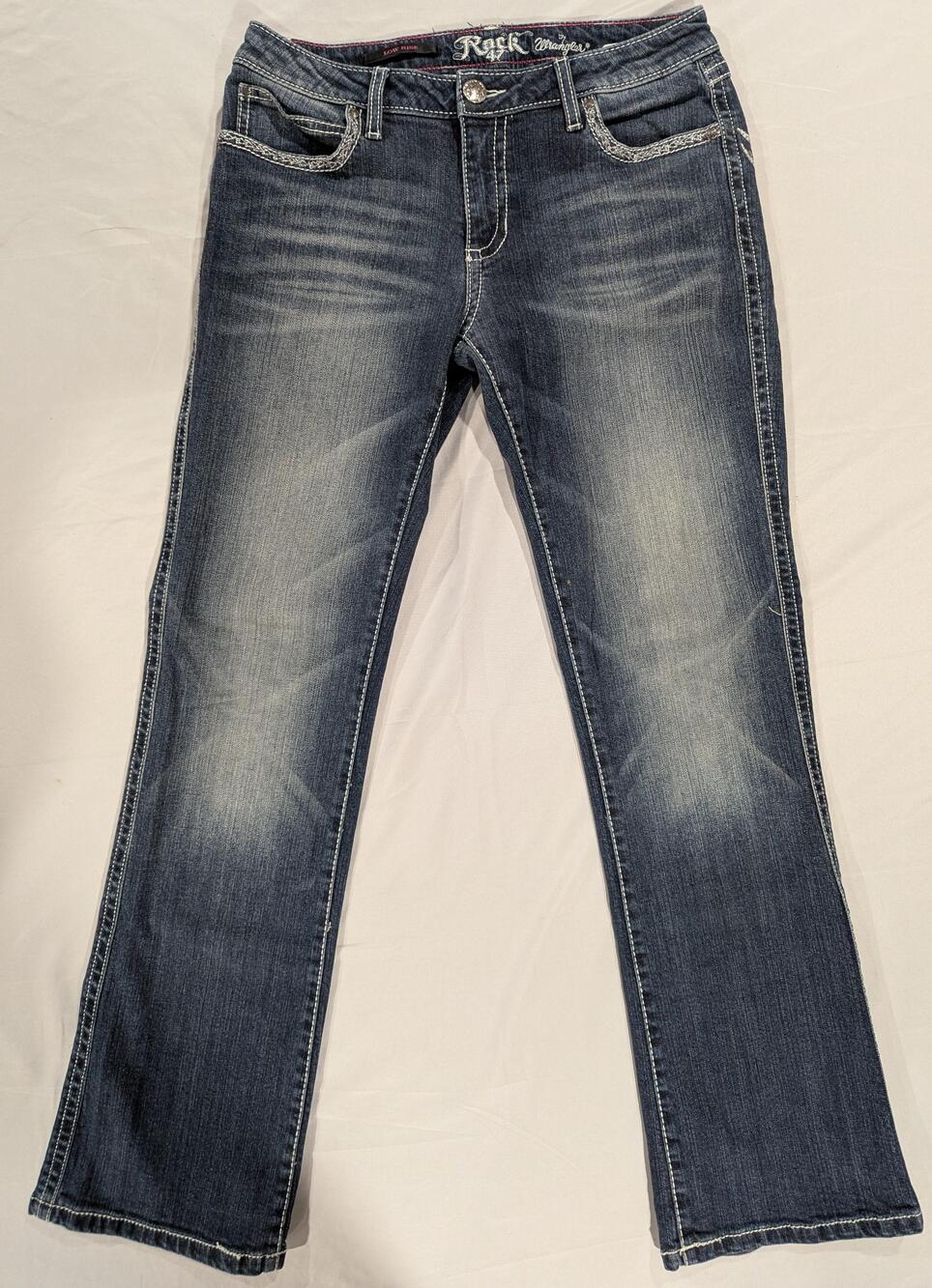 Wrangler Rock 47 Jeans Juniors 7/8 X 32 Blue Med Wash Low Rise Bootcut Studded